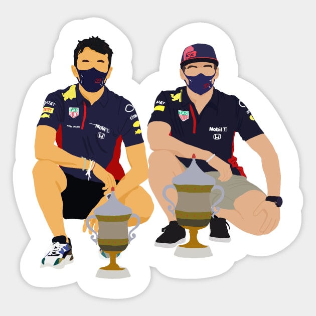 Alex Albon and Max Verstappen with their trophies from the 2020 Bahrain Grand Prix Sticker by royaldutchness